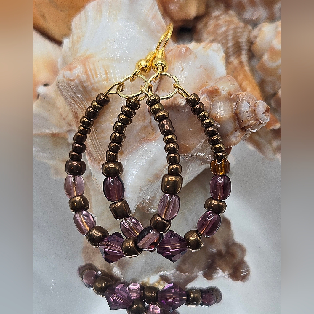 Elegant Antique Gold Amethyst & Purple Faceted Crystal Mini Hoop Earings